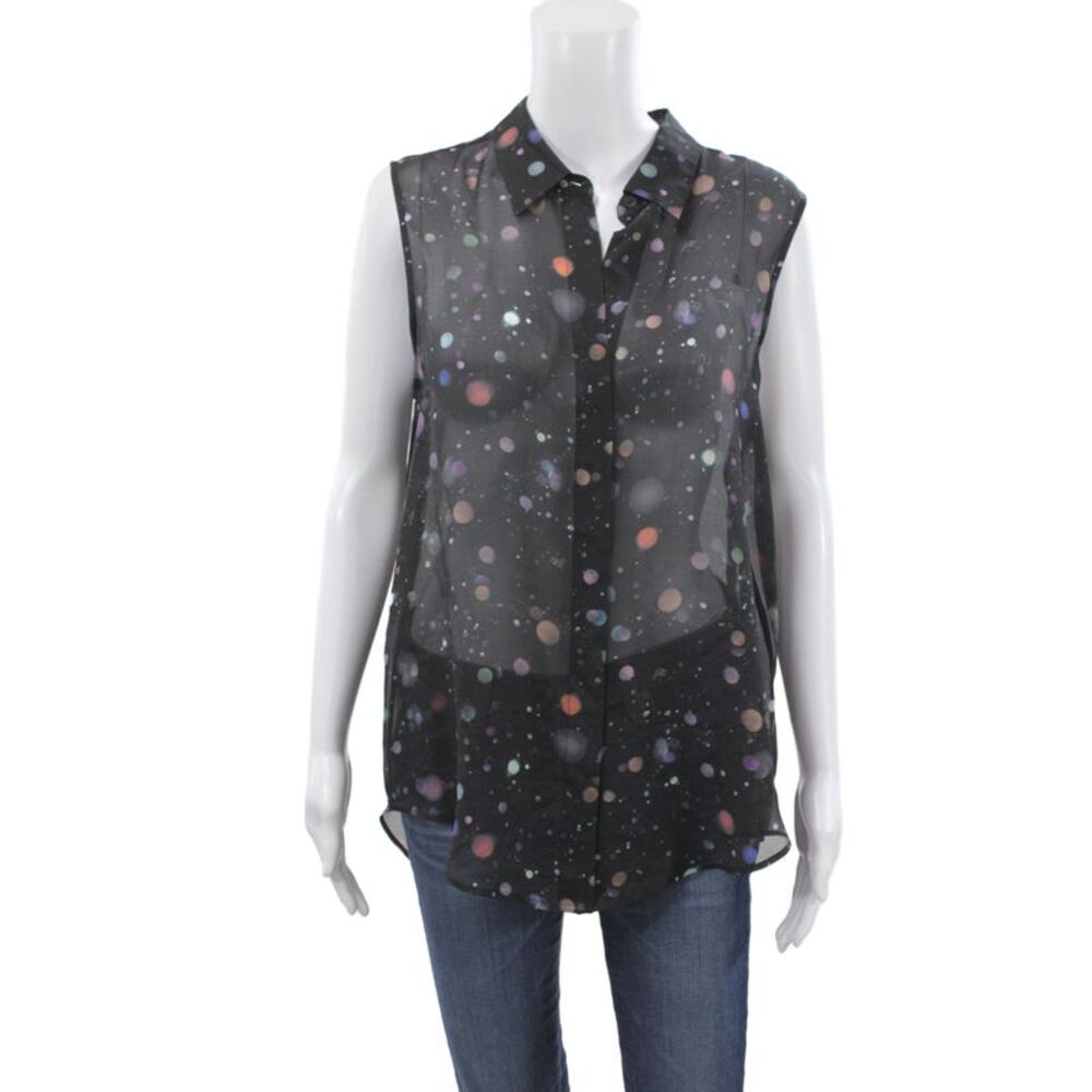 Theory Women Collared Silk Polka Dot Tunic Blouse Sleeveless Black Size L